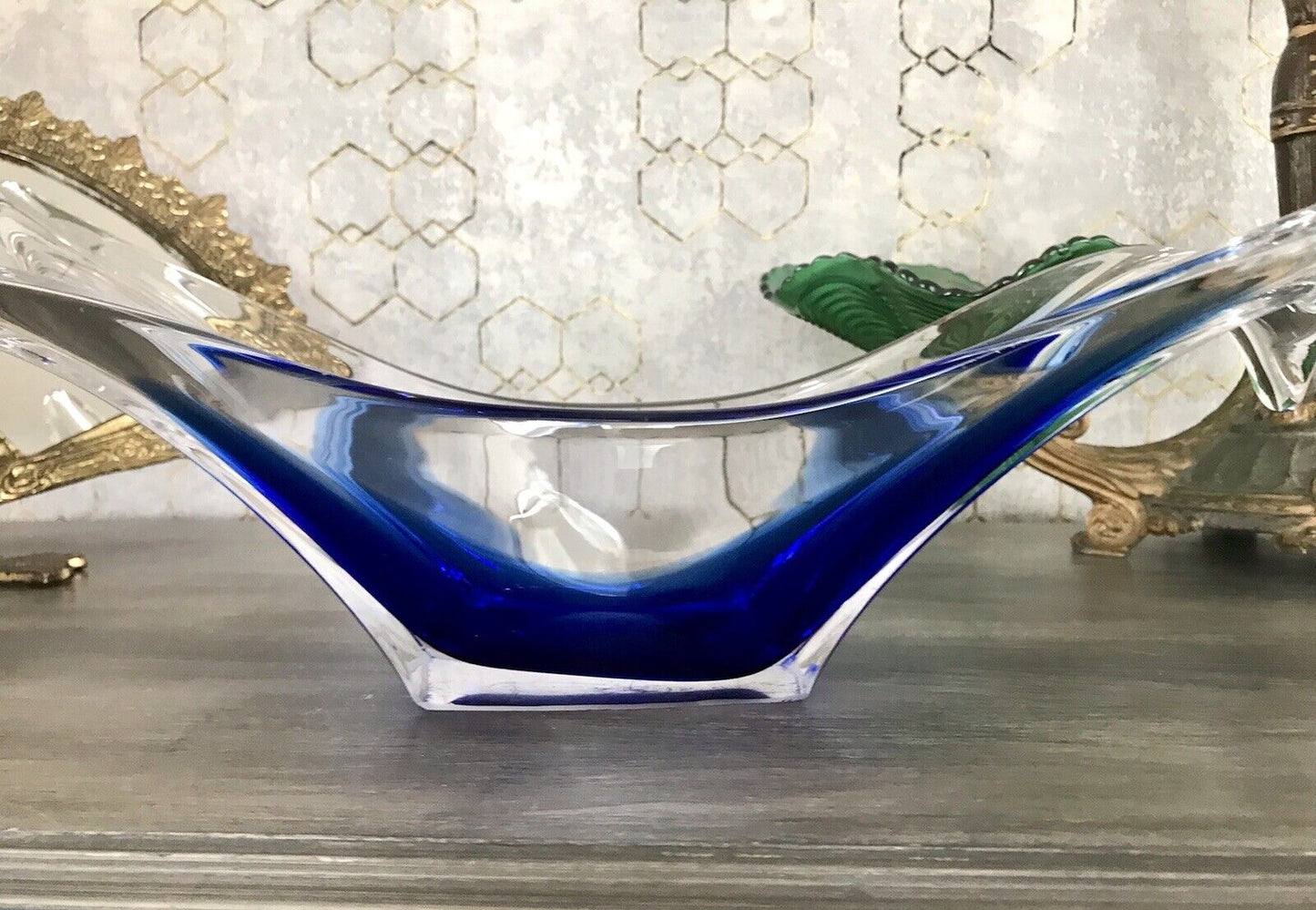 Murano 60er 70er Jahre Schale Glas zipfelig blauer Zwischenfang im Klarglas