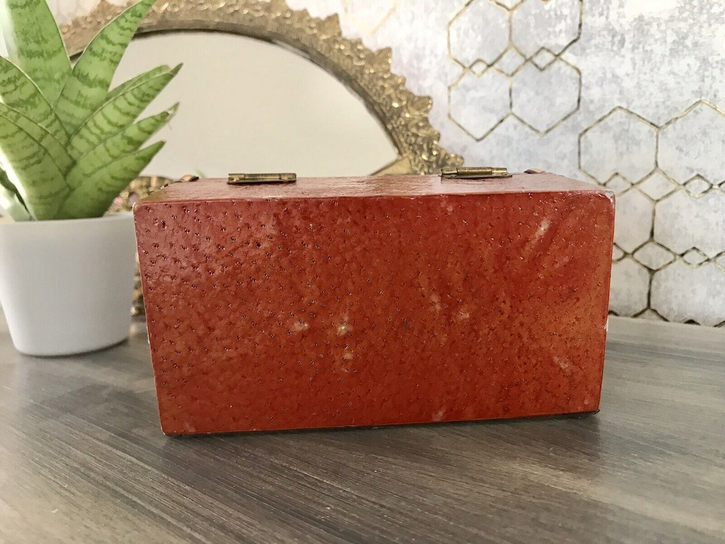Vintage Schatulle Schmuckdose Dose Kästchen Leder bezogen Cognac