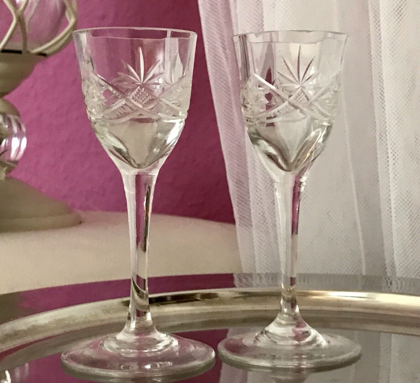 Antik 2 hochstielige Jugendstil Art Déco Likörgläser Kristallglas Schliff EDEL