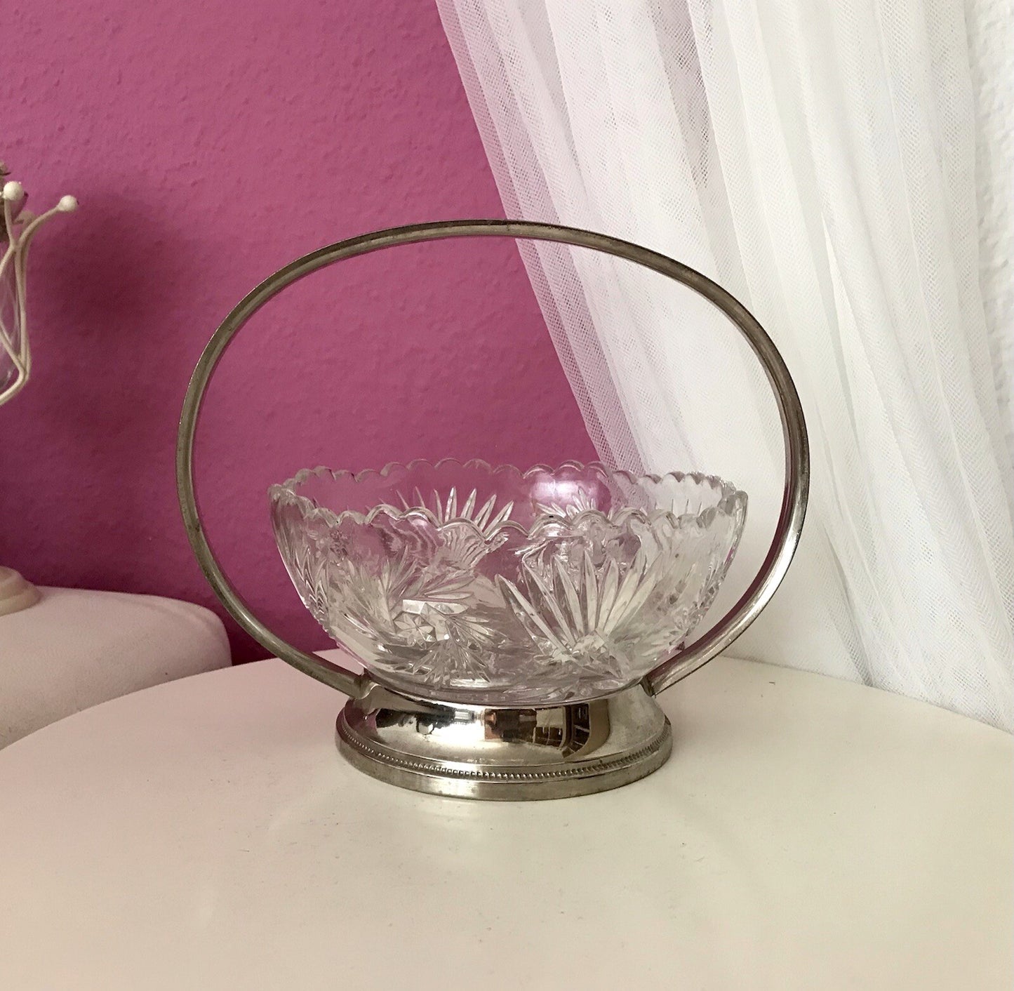 Antik Art Déco Schale Tafelaufsatz Pressglas Metallmontur Korb