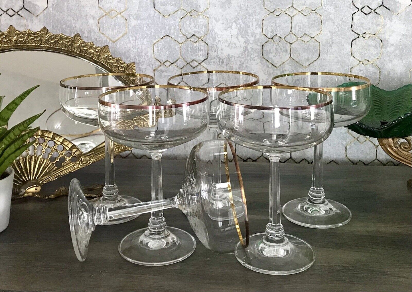 Antik? Art Déco Stil 6 Gläser Champagnerschalen Glas Goldrand Lausitzer? Crystal
