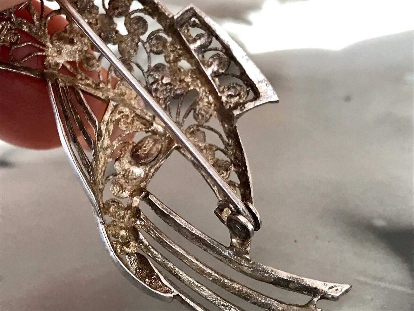 Antik Art Déco Edel prachtvoll filigran Brosche Silber 835 H Koralle
