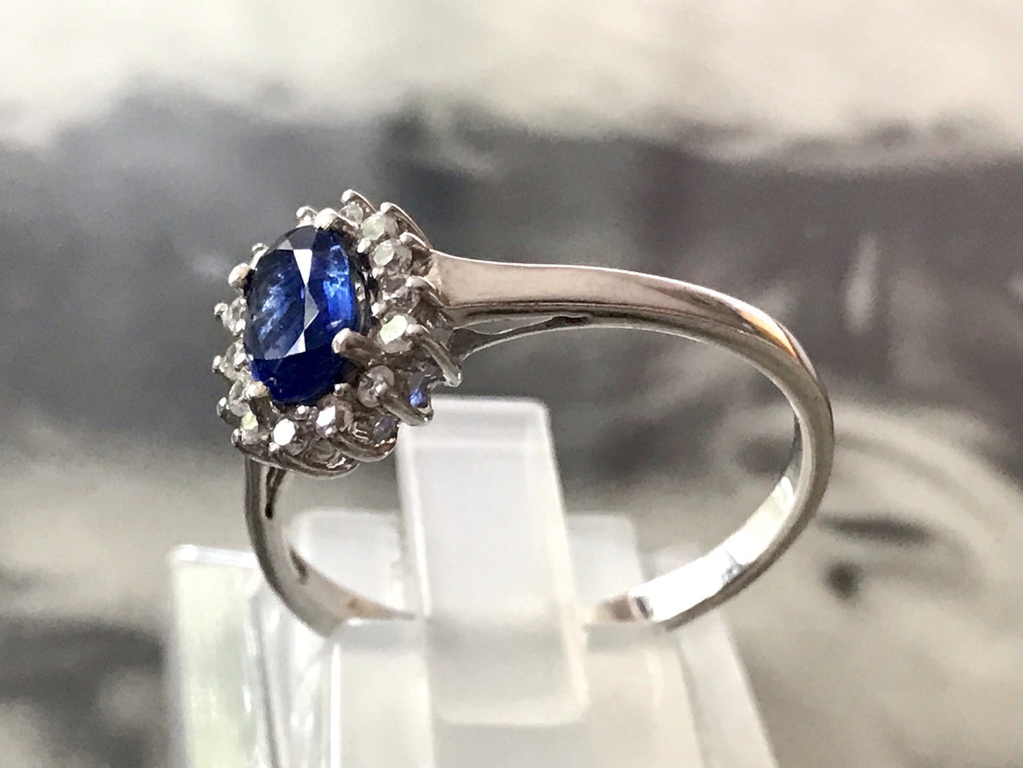 Vintage Entourage Halo Ring farblose Steine & Saphir Silber 925 ~Gr.62 63