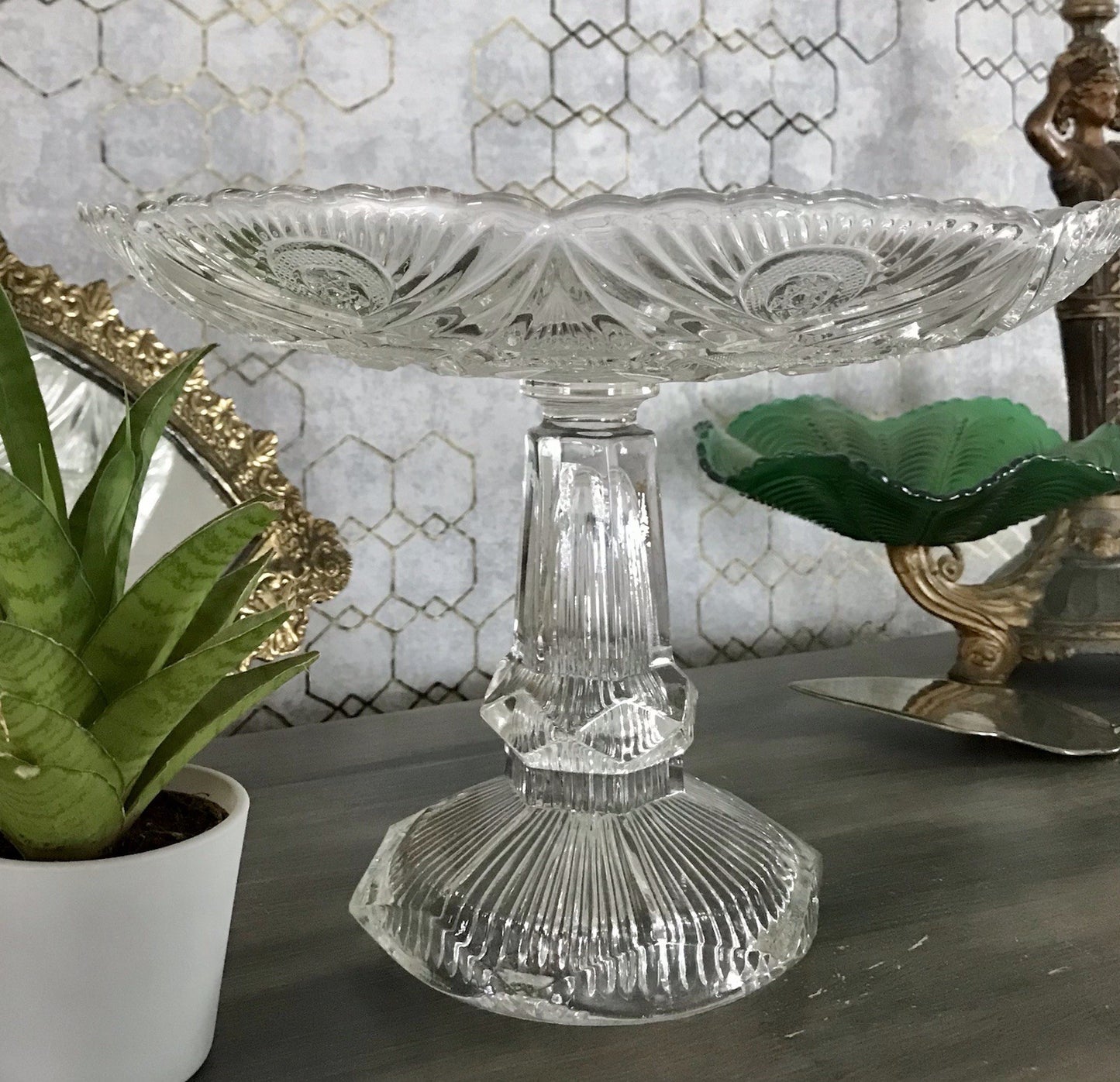 Antik Art Déco Pressglas Glas Schale Fußschale Tafelaufsatz Brockwitz Imperial
