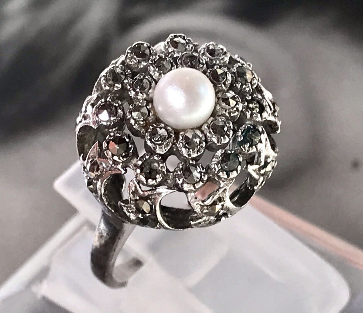 Antik Edel DAMEN Entourage RING Silber 835 Perle Markasite Gr.52