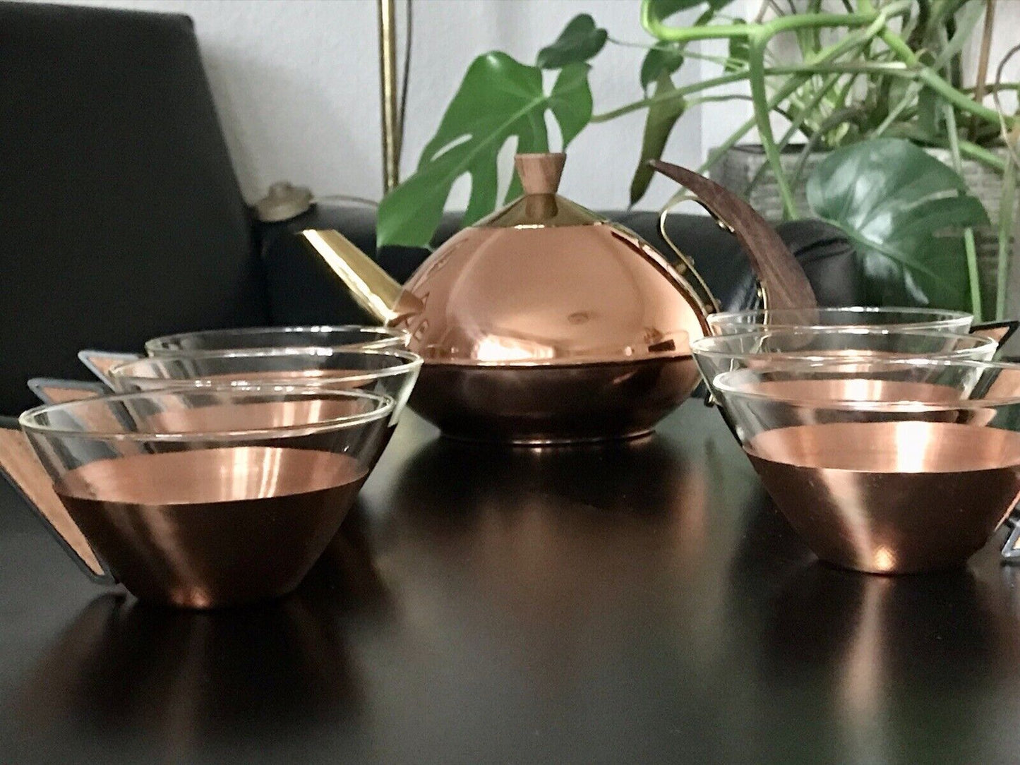Vintage 60er 6x Teeglashalter mit Glaseinsätzen & Kanne Kupfer Teak