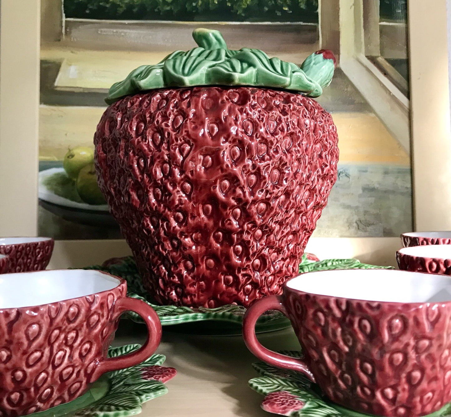 Vintage alt Majolika Keramik Bowle Set Topf 6 Tassen grün rot Erdbeere Pinhero