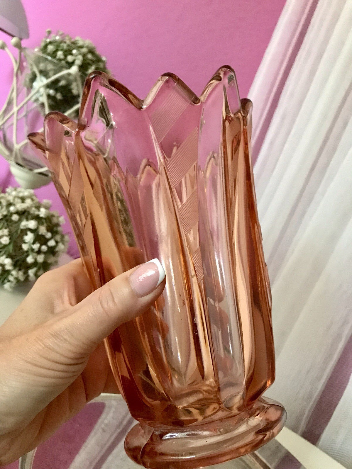 Antik Art Déco Vase Glasvase Pressglas Glas Rosalin rosa Blumenvase Schwepnitz