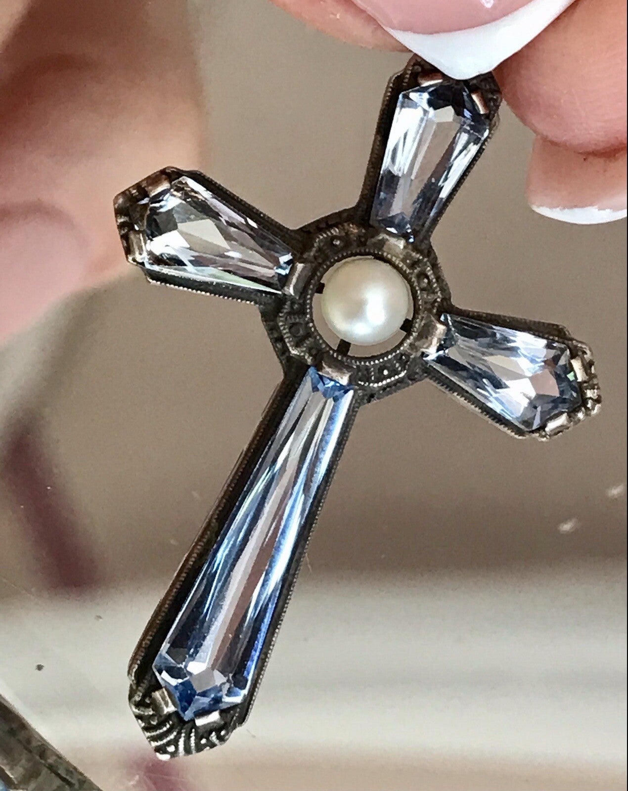 Antik Edel Art Déco Silber Kreuz Anhänger Kettenanhänger blaue Steine Aquamarin?