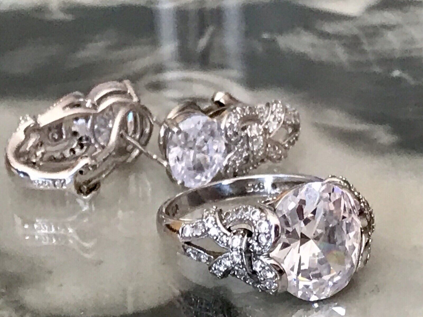 Edel Schmuck Set DAMEN RING & Ohrringe Silber 925 Gr.63 Steine Cubic Zirkonia