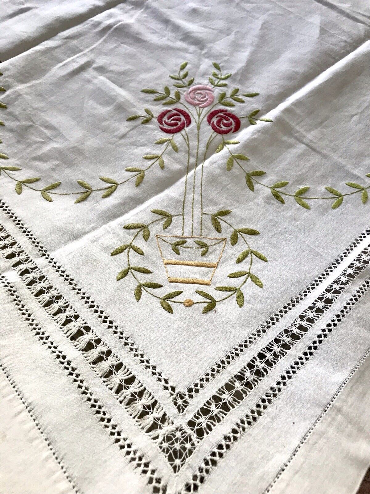 Antik Leinen Jugendstil Tischdecke natur bunt Rosen Stickerei 136 cm x 205 cm