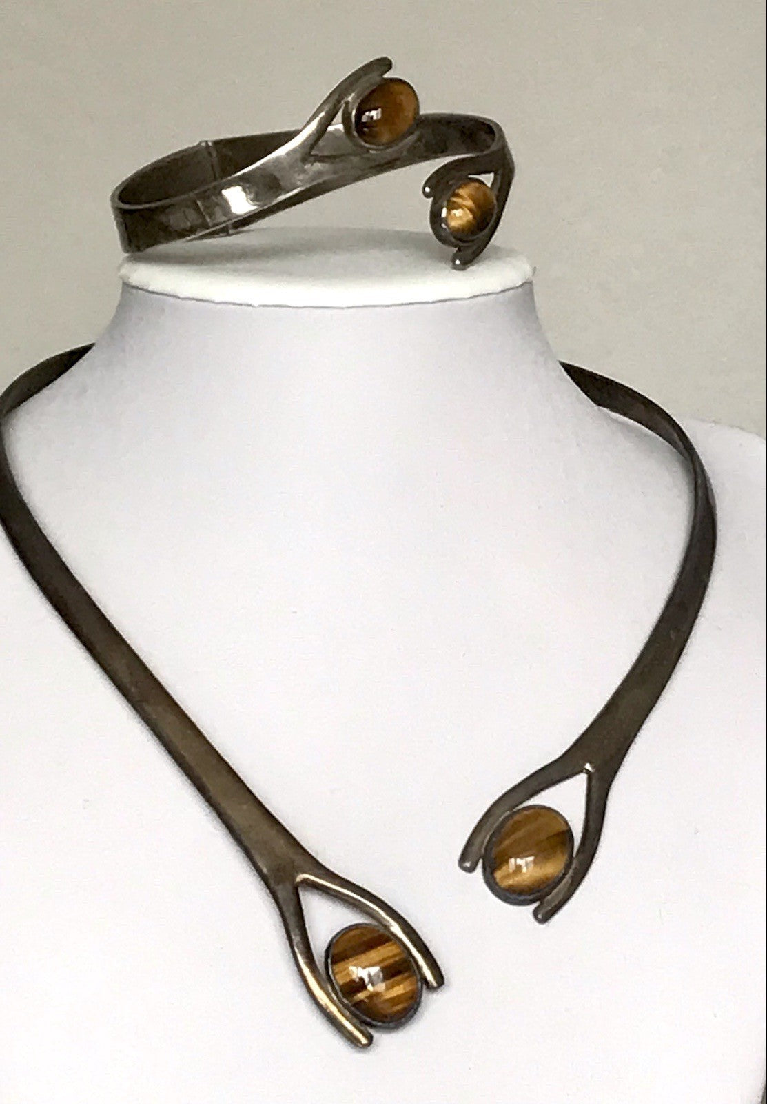 Vintage Set Halsreif Armspange Armband Collier 925 Silber Halskette Tigerauge