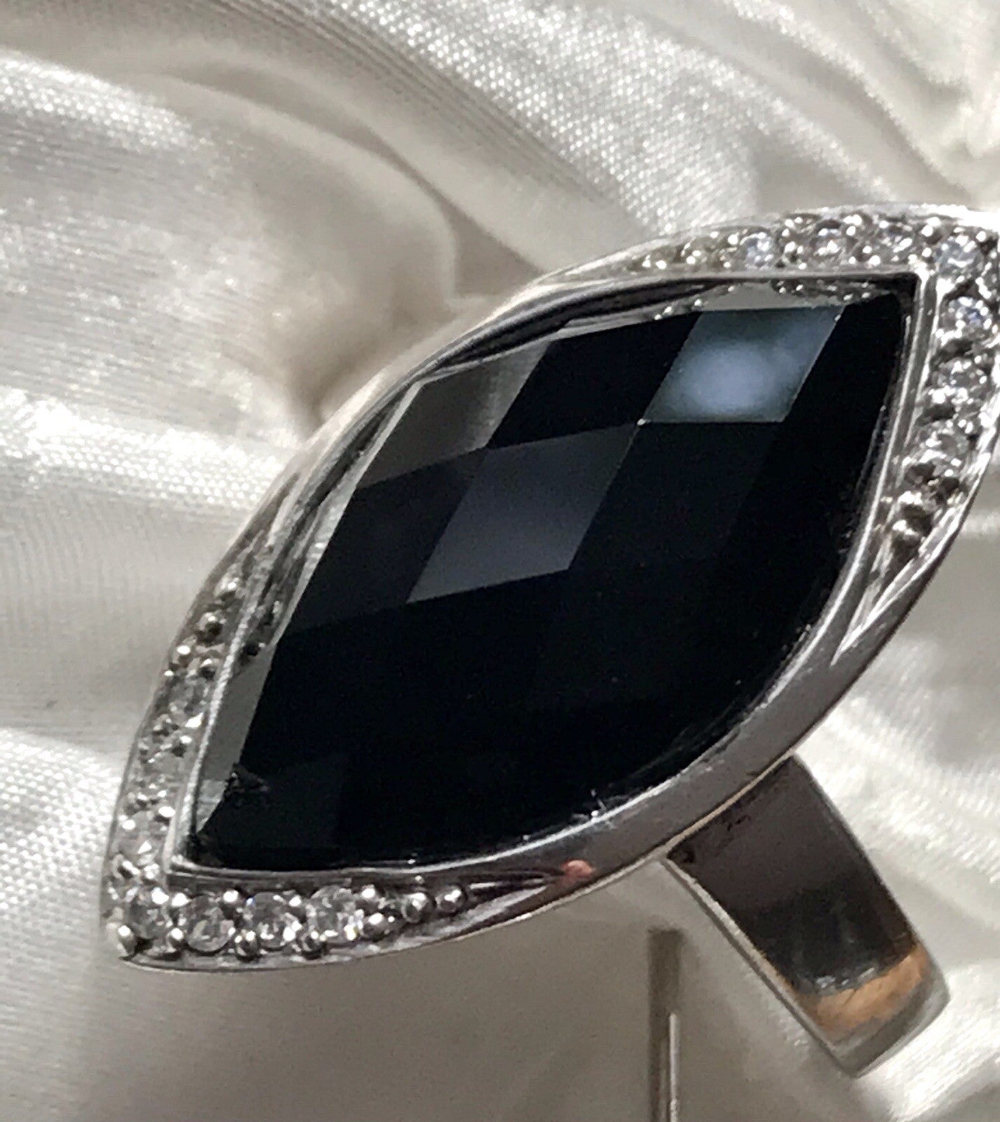 Vintage Onyx? & farblose Steine DAMEN RING Silber 925 Gr.57 58 Schiffchen
