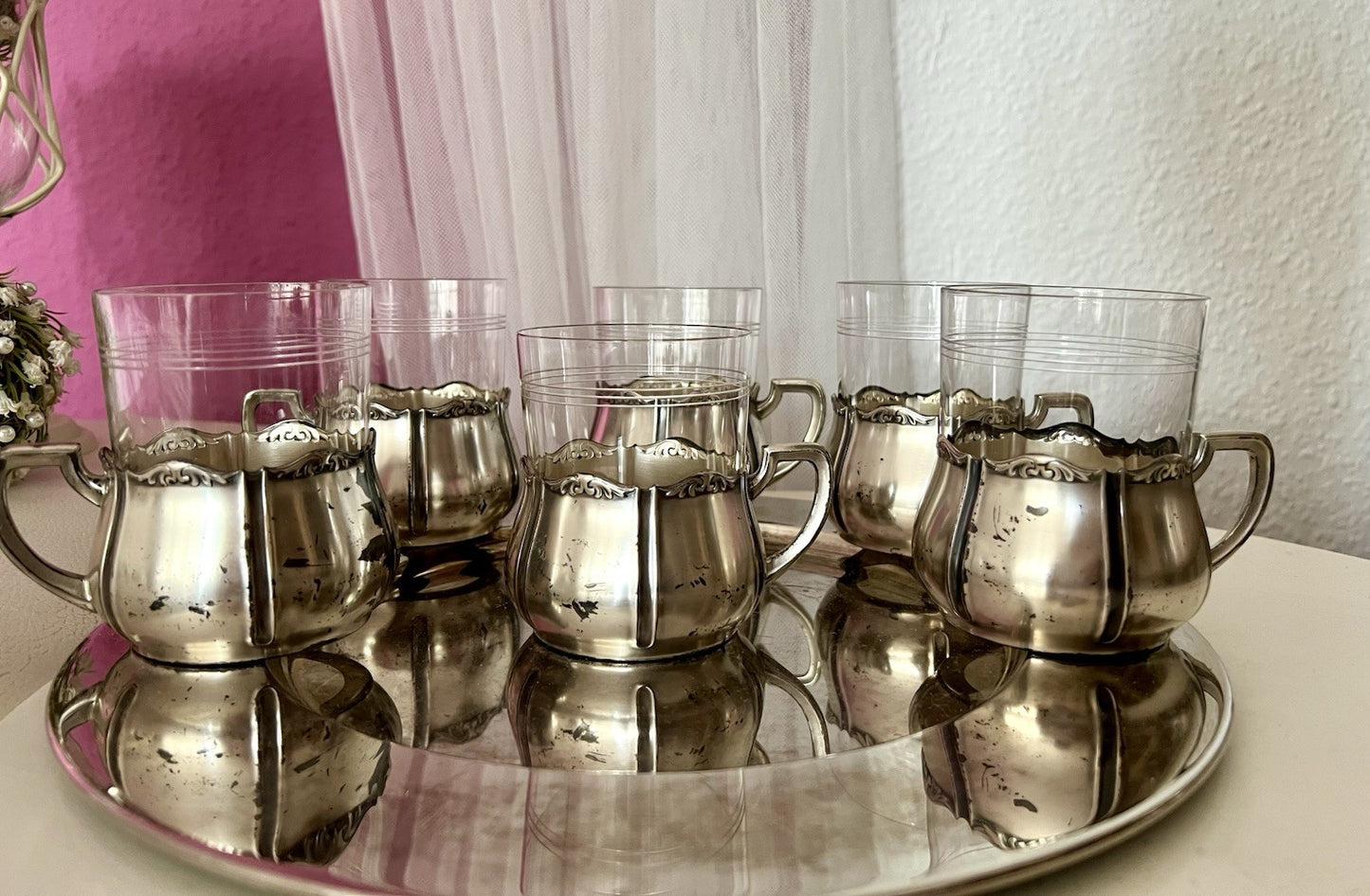 Antik WMF 6 Teeglashalter &6 Glaseinsätze Versilbert Art Déco 3x Straußenmarke
