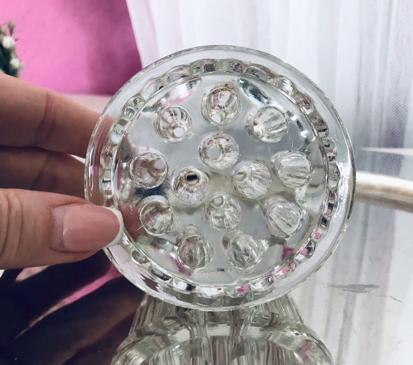 Antik Art Déco Pressglas Blumenvase Steckeinsatz rund Glas