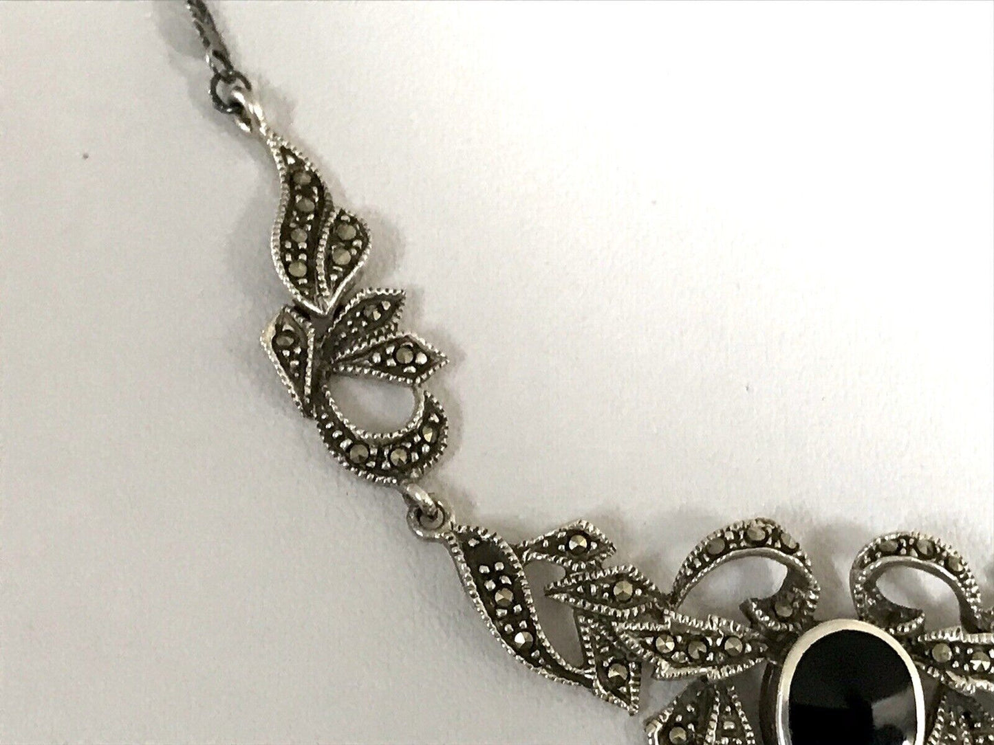 Antik Edel Jugendstil Art Déco 925 Silber Collier Halskette mit Onyx & Markasite