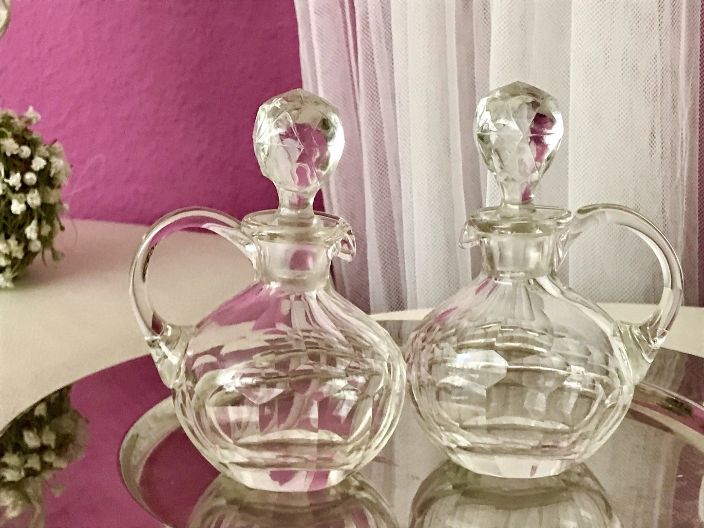 Antik 2x Kristallglas Essig&Öl Karaffe Glas Schliff Oliven Stopfen