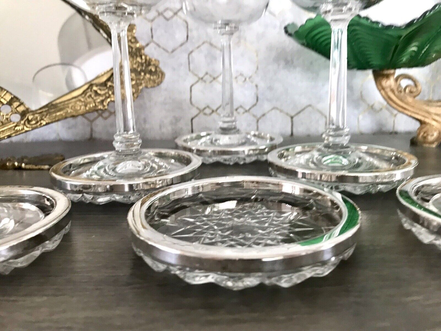 Vintage 6x Untersetzer für Weingläser Glas Kristallglas Bleikristall versilbert