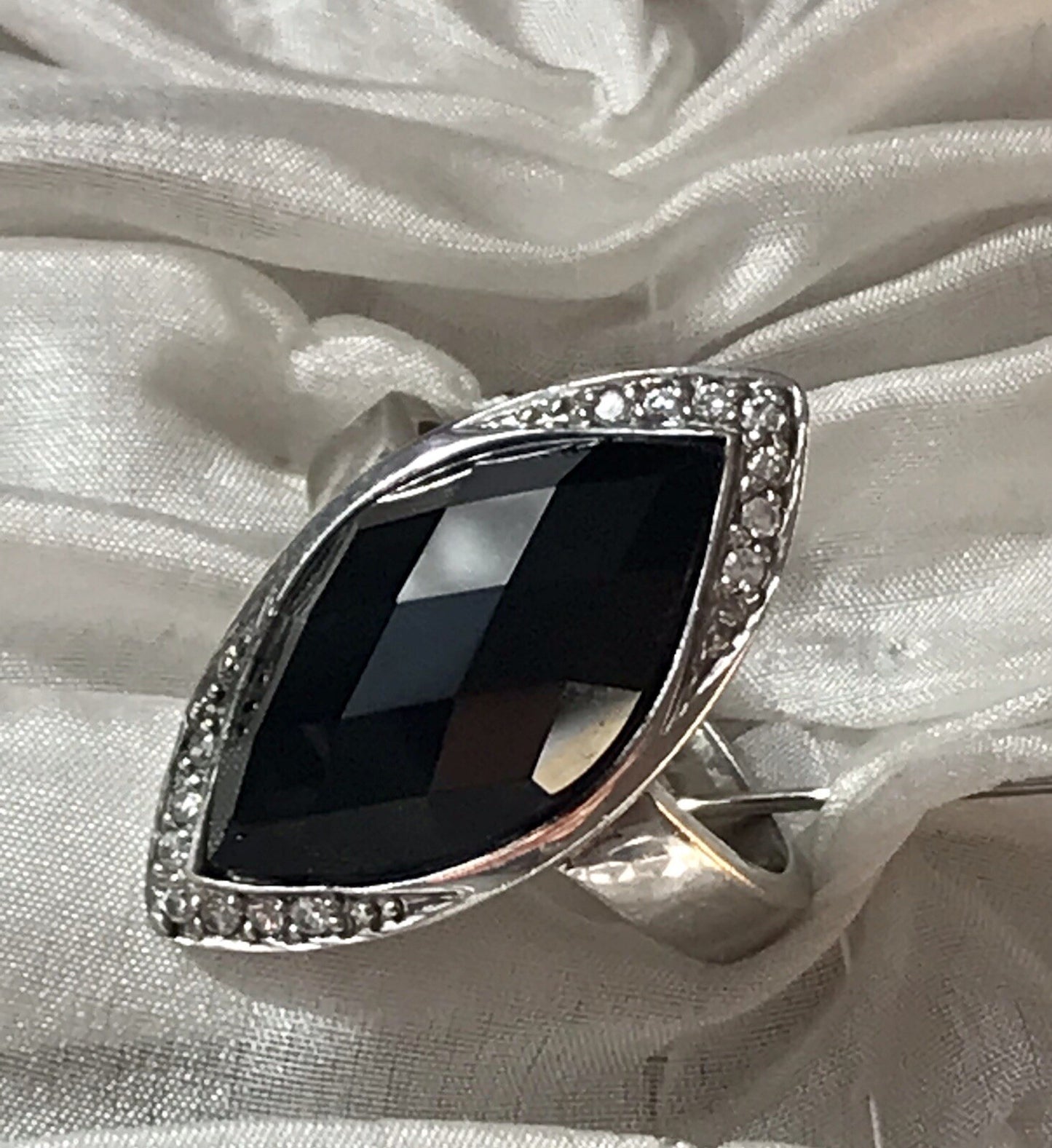Vintage Onyx? & farblose Steine DAMEN RING Silber 925 Gr.57 58 Schiffchen