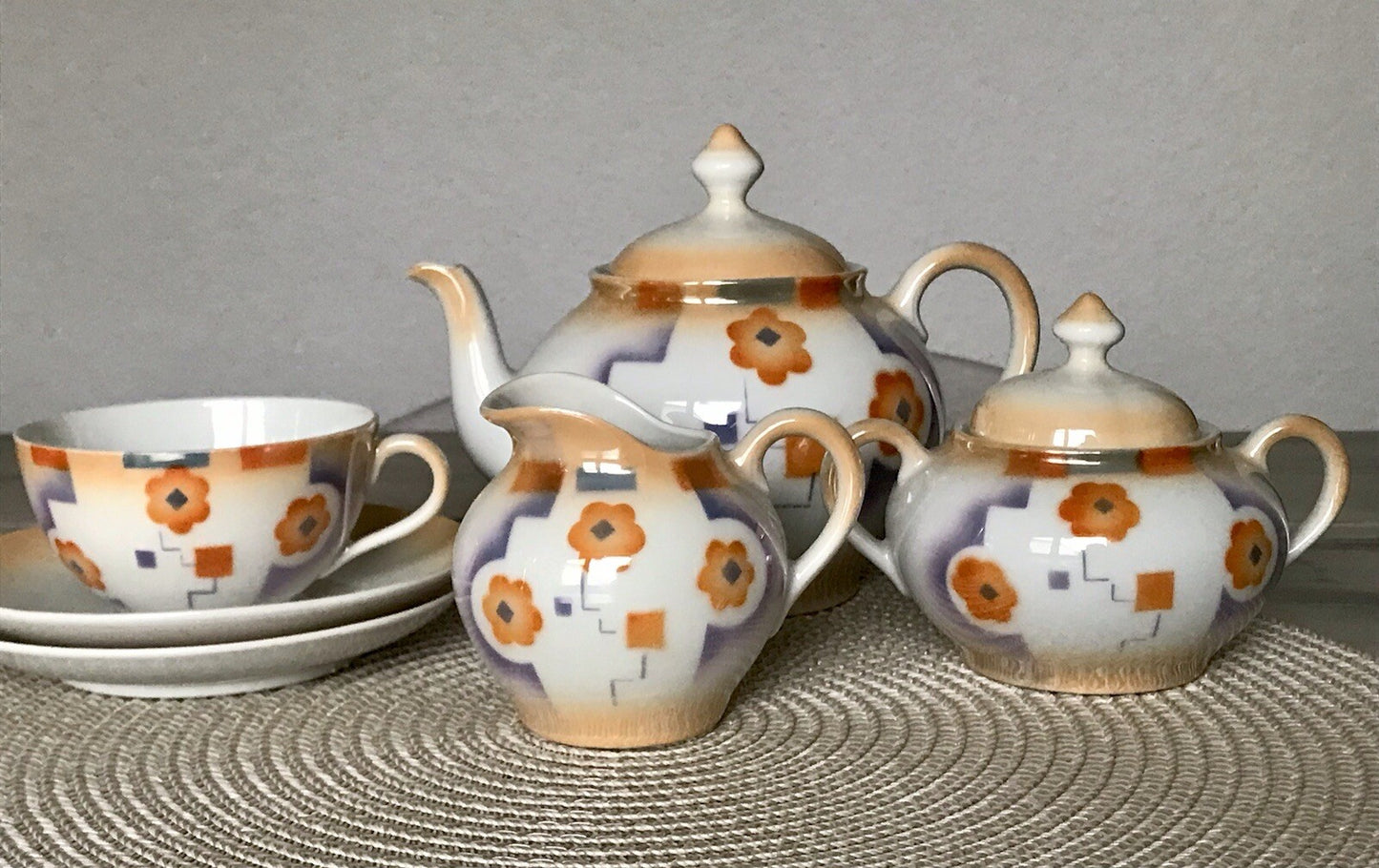 Antik Art Déco Porzellan Kaffeeservice Spritzdekor Moccaservice