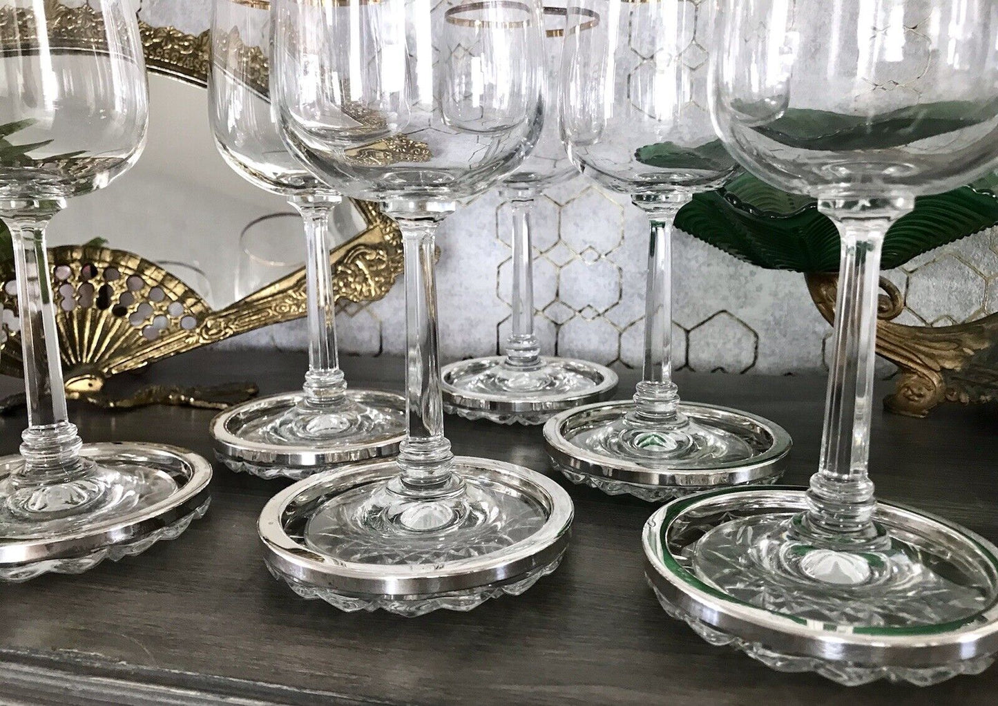 Vintage 6x Untersetzer für Weingläser Glas Kristallglas Bleikristall versilbert
