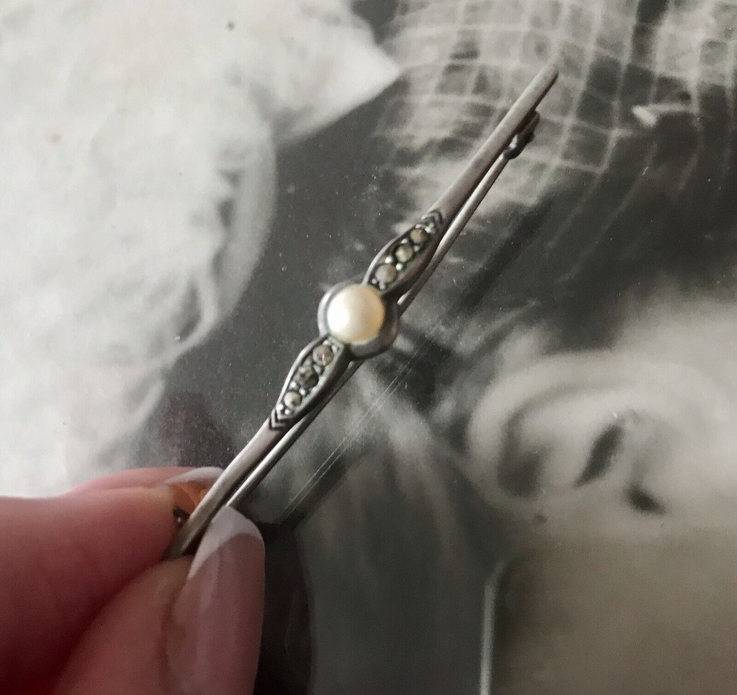 Antik Art Déco Edel Stabbrosche 835 Silber Brosche Markasiten Perle So Schön!