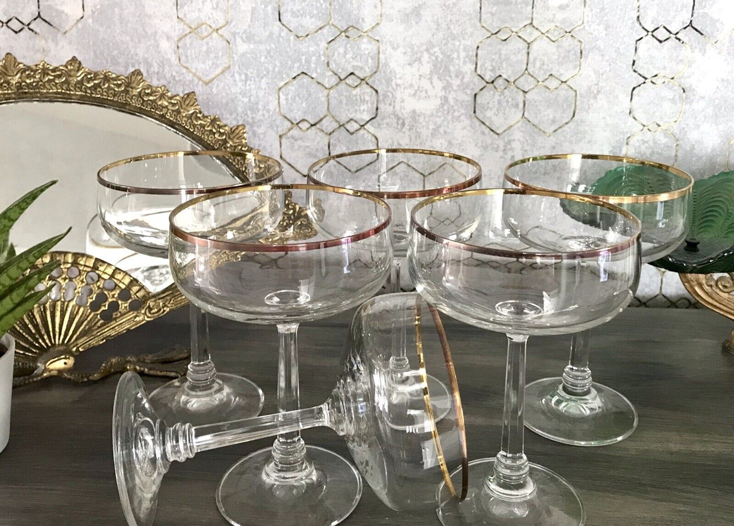 Antik? Art Déco Stil 6 Gläser Champagnerschalen Glas Goldrand Lausitzer? Crystal