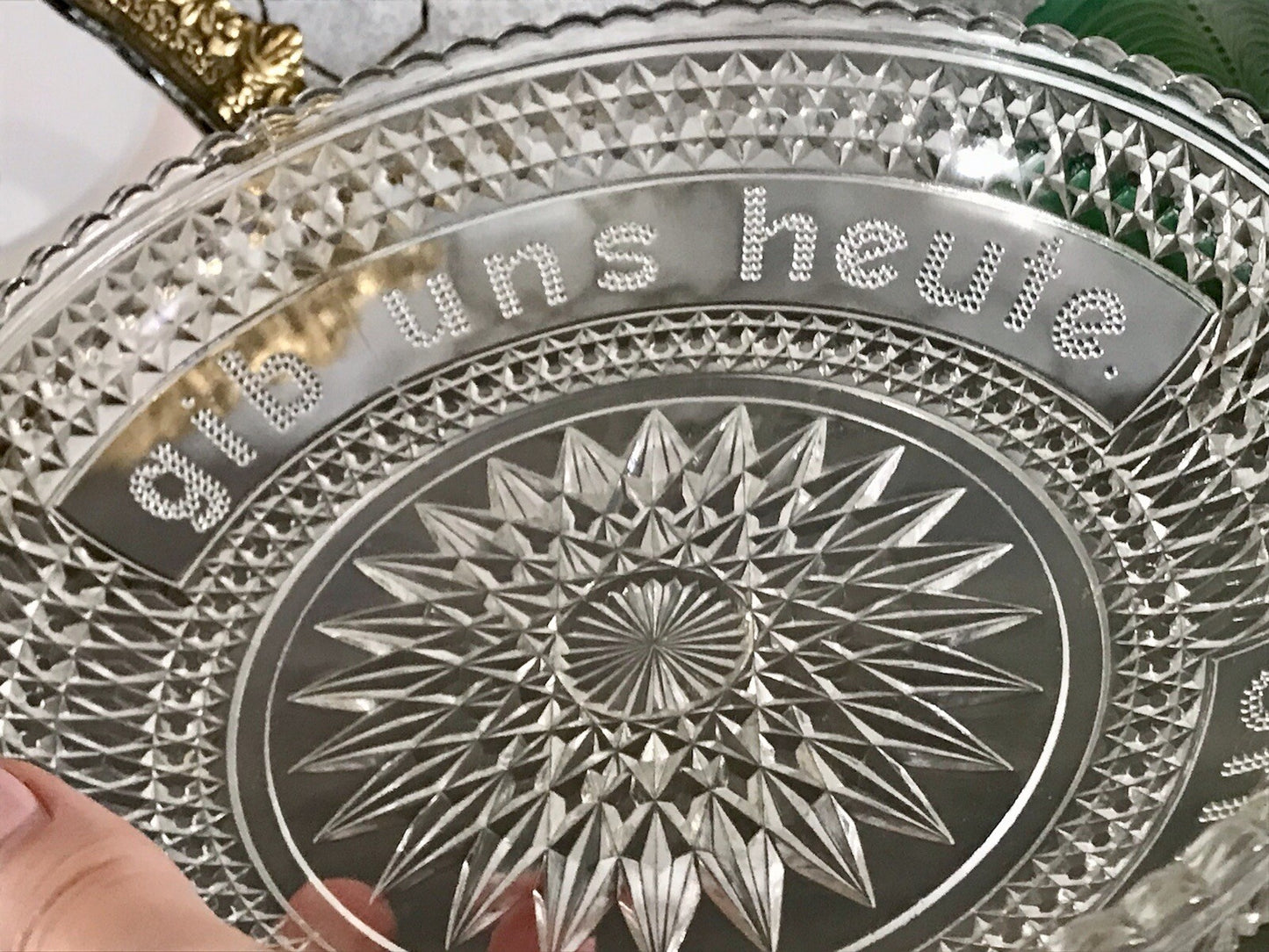 Art Déco Pressglas Schale Antik Brotschale Unser täglich Brot gib uns heute Glas