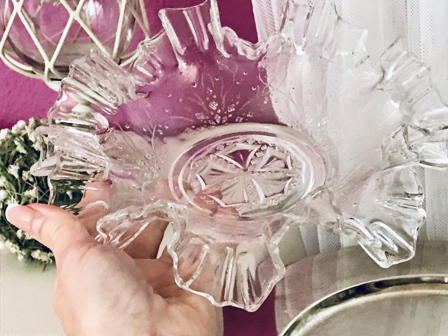 Antik Jugendstil gewellter Serviettenrand Pressglas Schale Glas so schön!