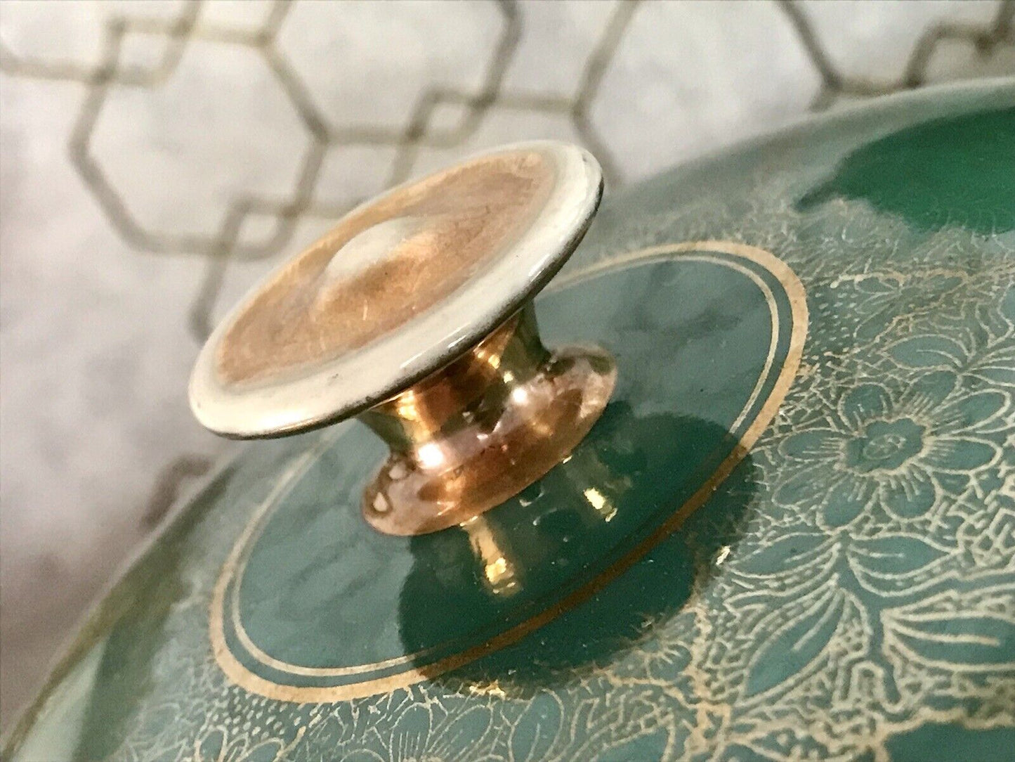Spätes Art Vintage 50er Porzellan Dose Deckeldose Bonboniere grün gold Seltmann