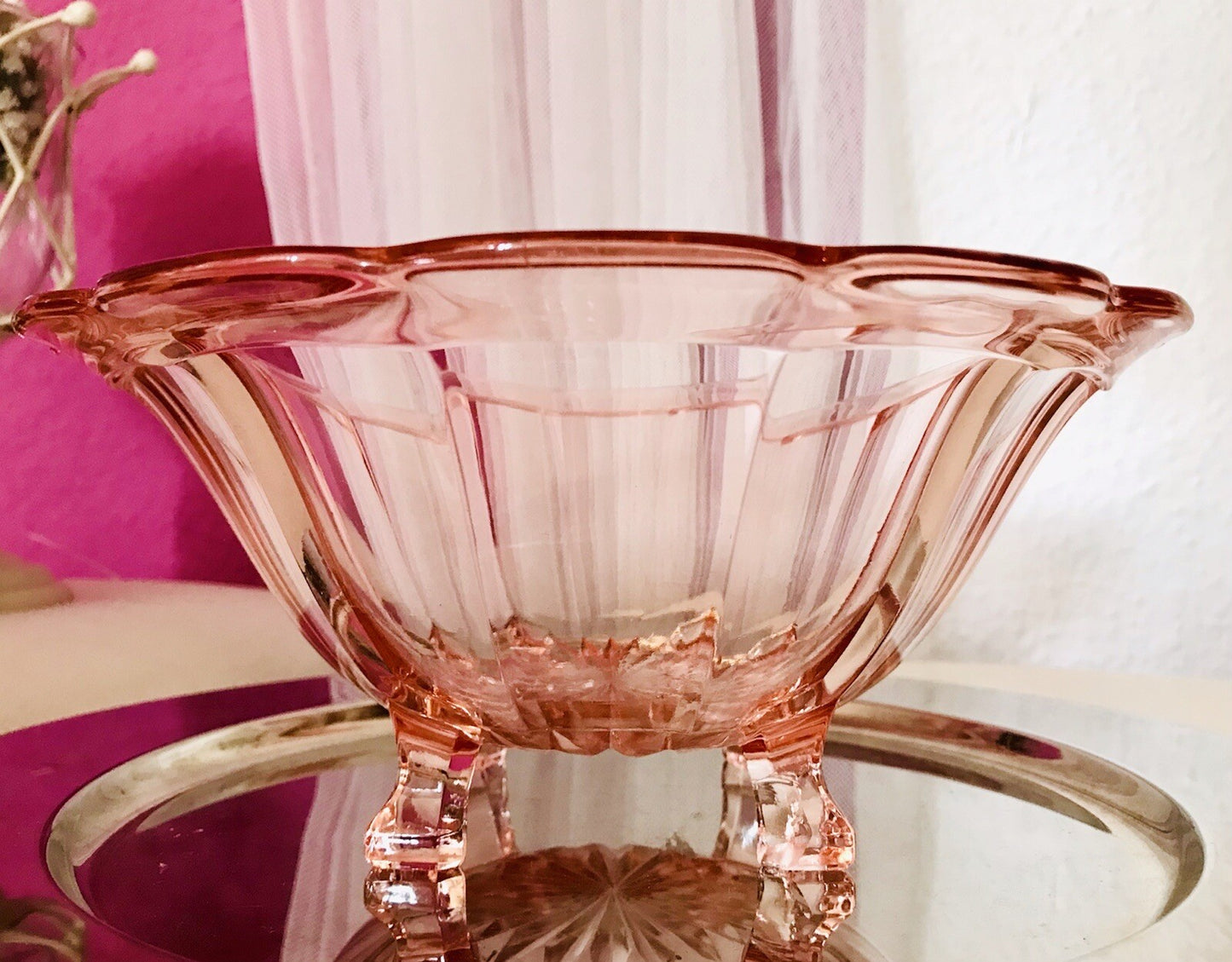 Antik Art Déco Schale Pressglas Rosalin rosa Glas Glasschale vierfüßig