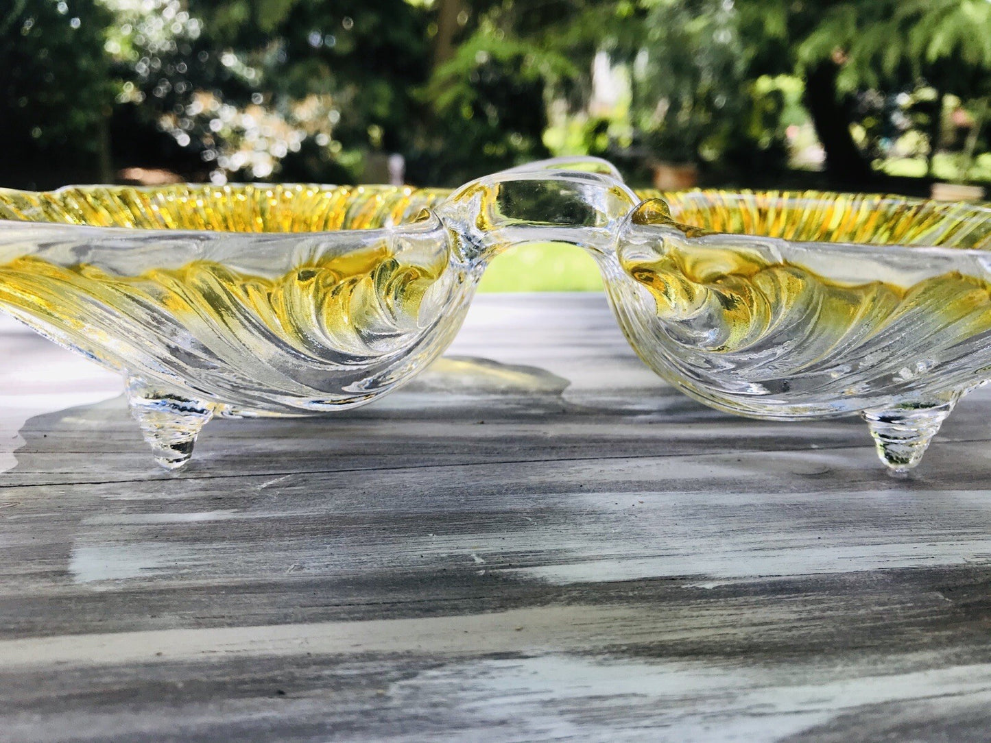 Vintage 70er Glas Schale Anbietschale Muschel Walther Glas Kultig gelb