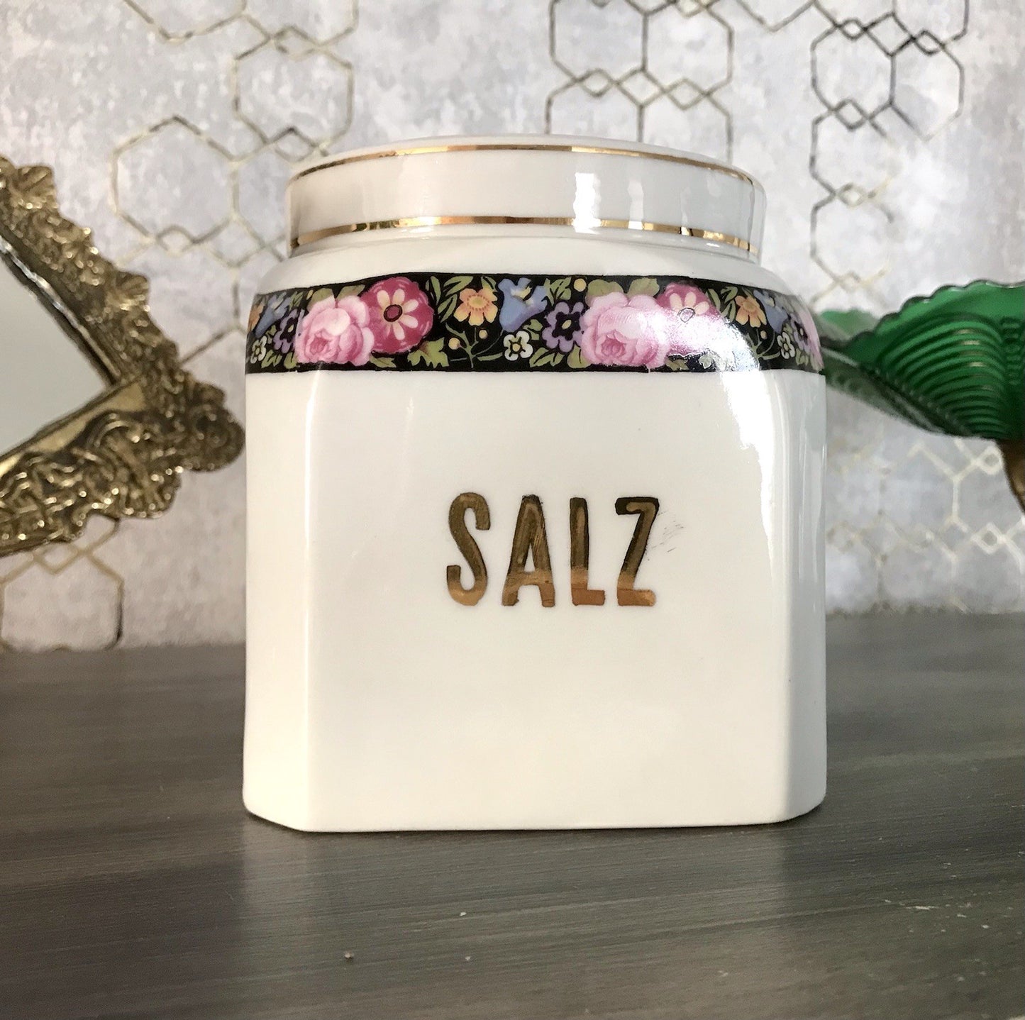 Antik Porzellan Dose Vorratsgefäß Vorratsdose Salz Blumenborte Art Déco