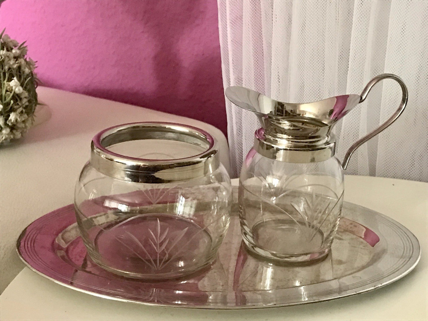 Antik Jugendstil 3 Teile Milch& Zucker Tablett Metallmontur & Glas geschliffen