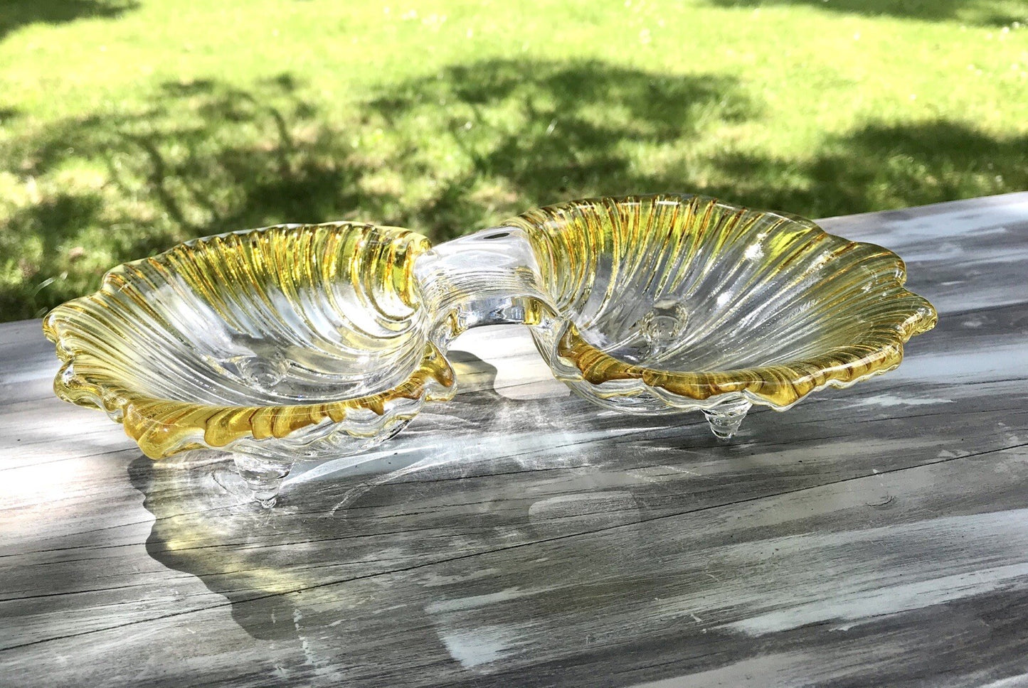 Vintage 70er Glas Schale Anbietschale Muschel Walther Glas Kultig gelb