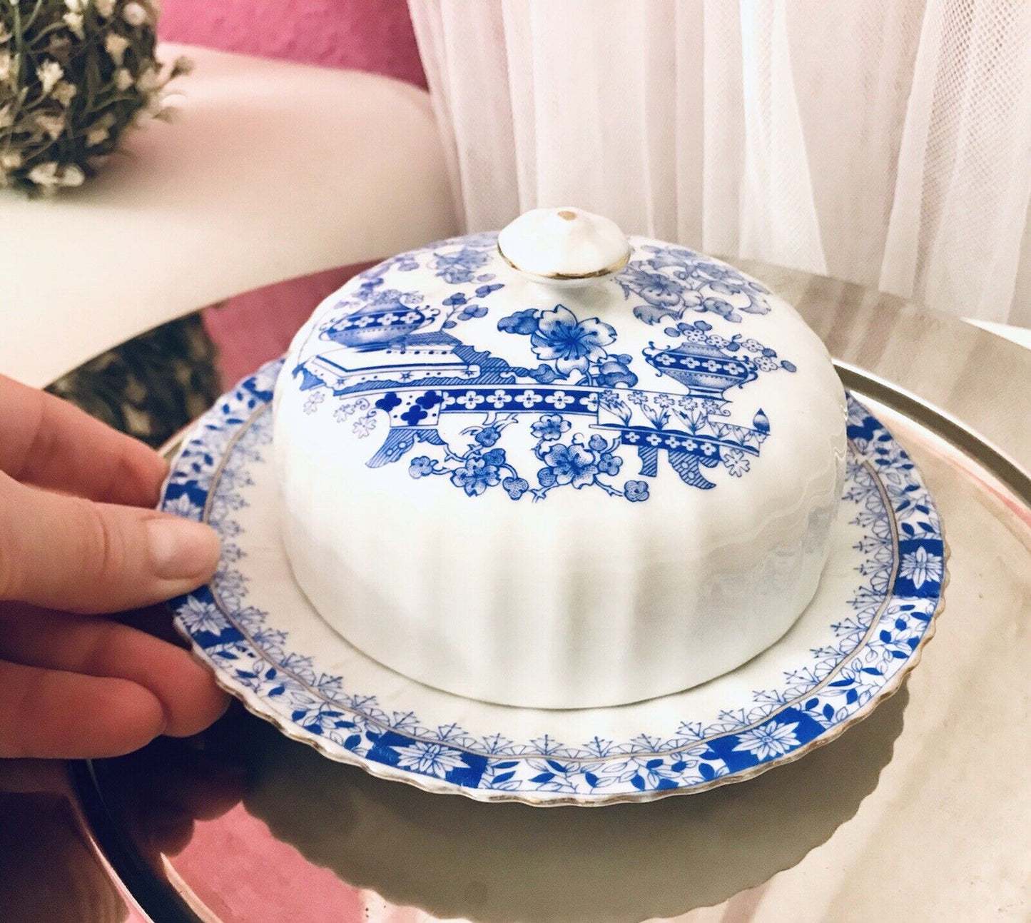 Antik Art Déco Porzellan Butterdose Dose China Blau