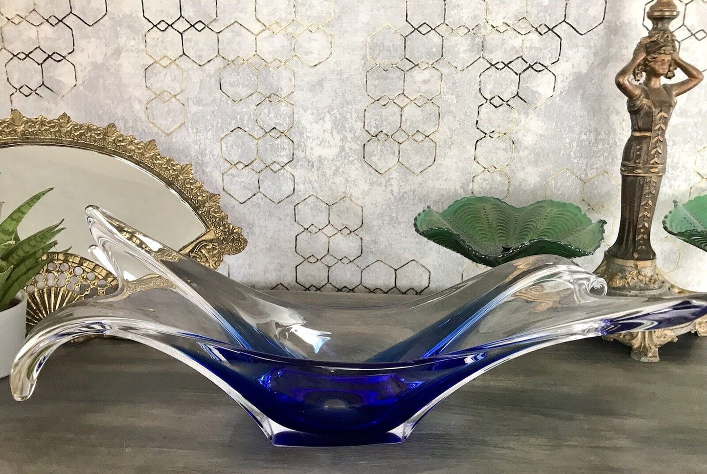 Murano 60er 70er Jahre Schale Glas zipfelig blauer Zwischenfang im Klarglas