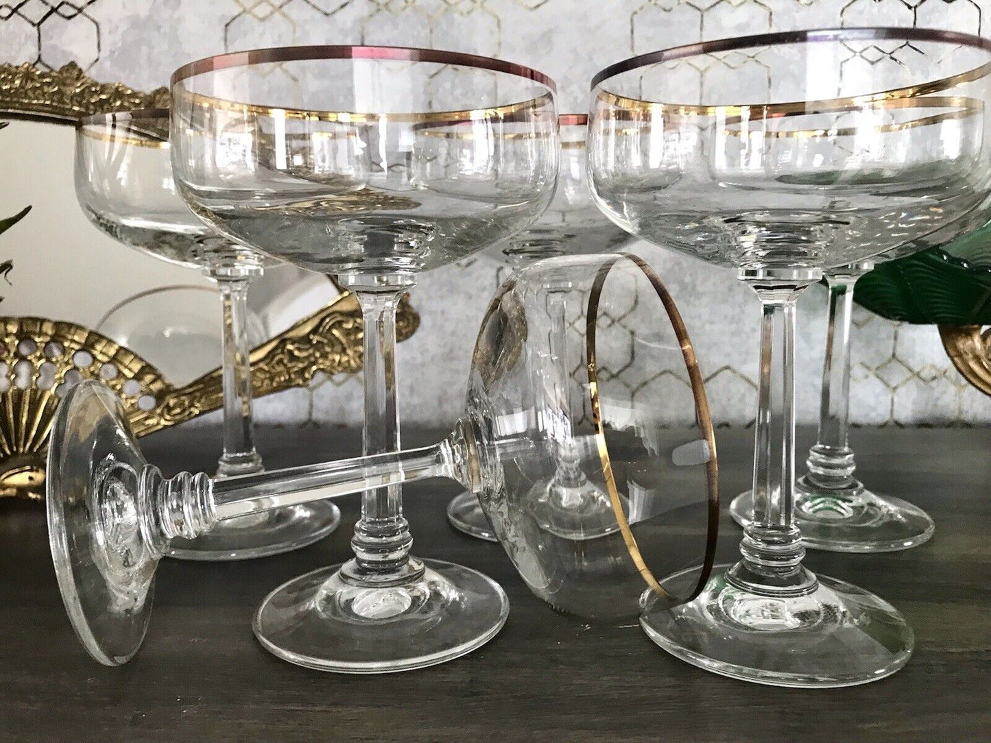Antik? Art Déco Stil 6 Gläser Champagnerschalen Glas Goldrand Lausitzer? Crystal