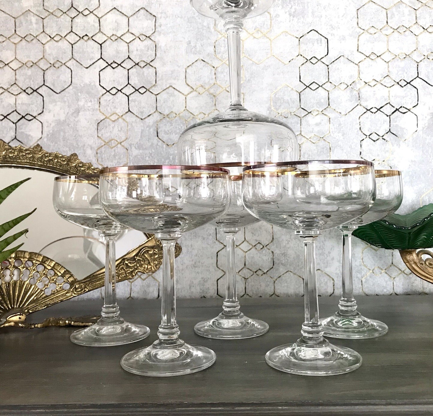 Antik? Art Déco 6 x Champagnerschalen Sekt Gläser Goldrand Lausitzer? Crystal