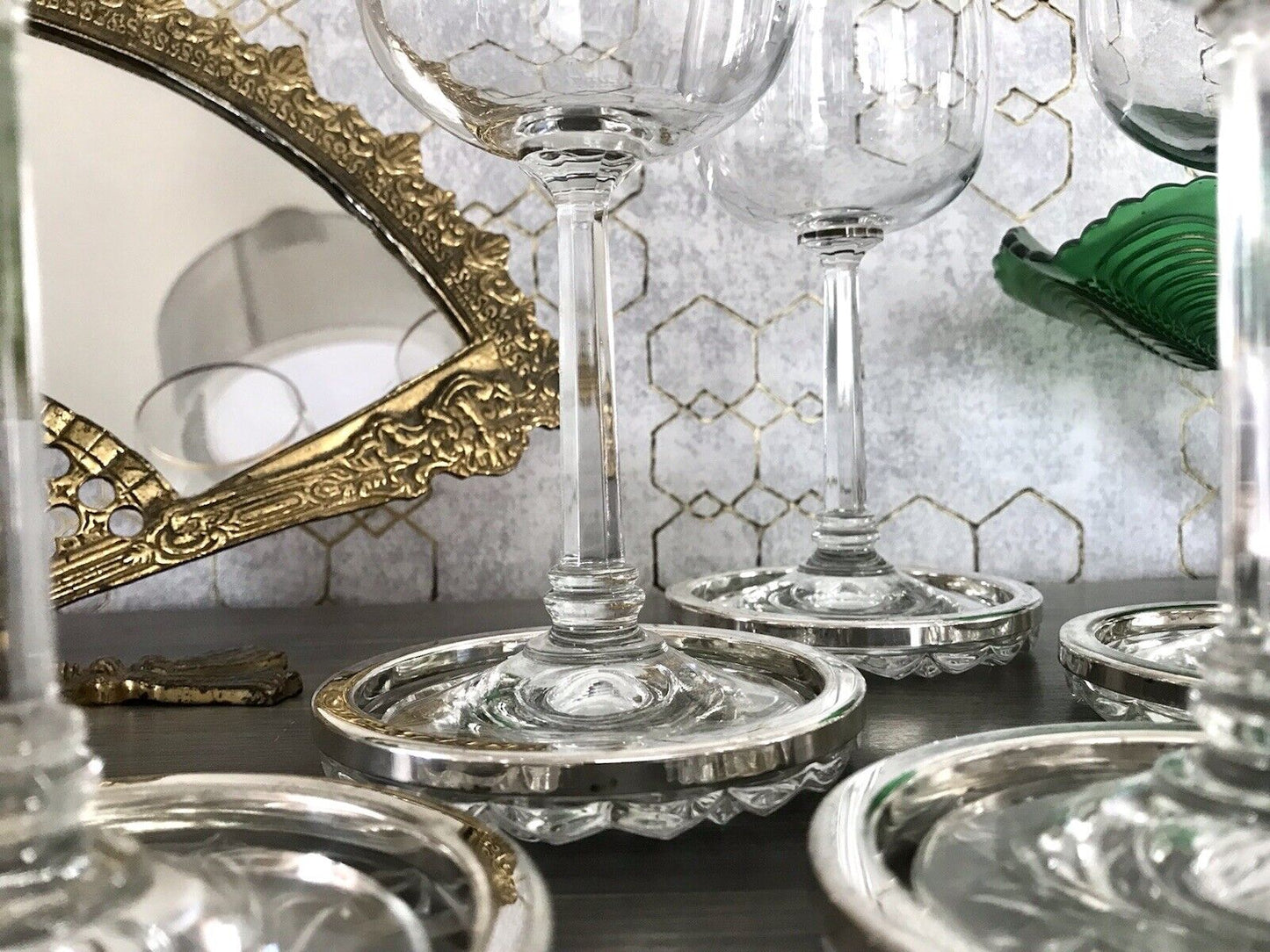 Vintage 6x Untersetzer für Weingläser Glas Kristallglas Bleikristall versilbert