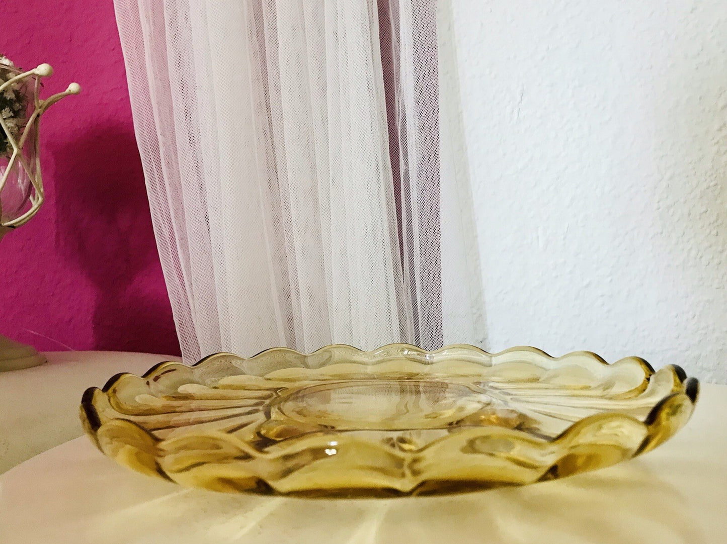 Antik Tortenplatte Kuchenplatte Glas gelb 4Füssig Art Déco Pressglas