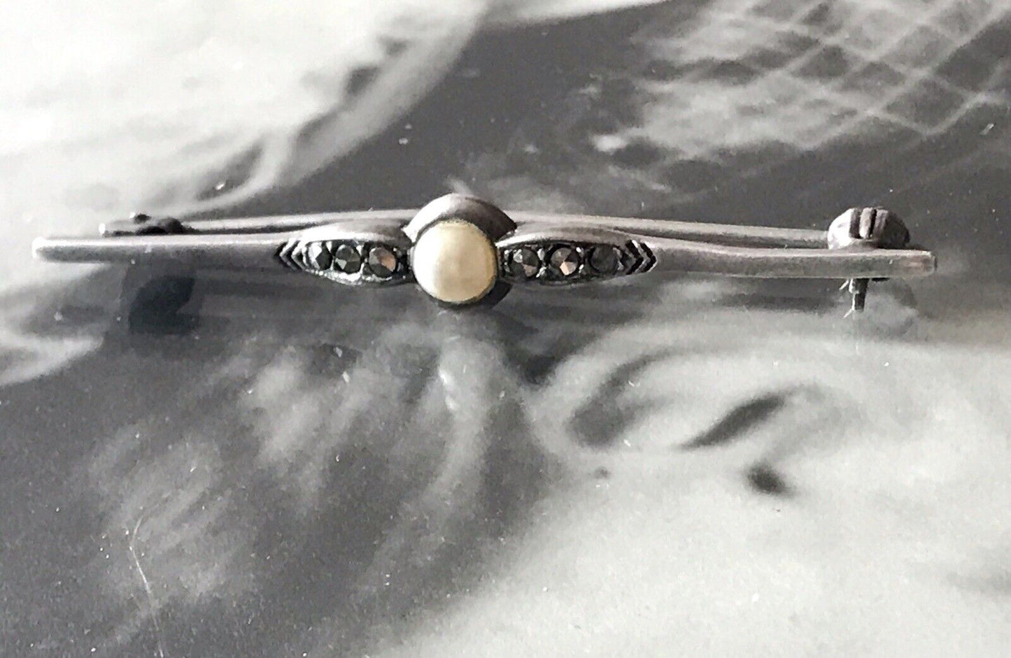 Antik Art Déco Edel Stabbrosche 835 Silber Brosche Markasiten Perle So Schön!