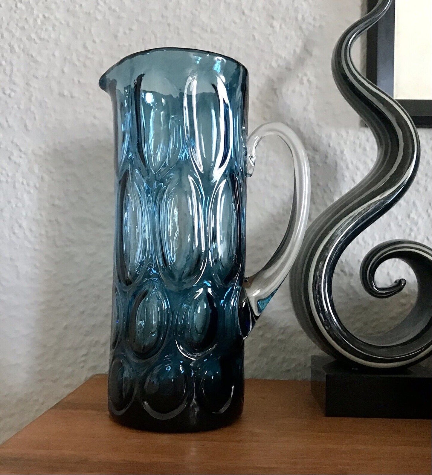 Vintage Designer 60er Krug Kanne Karaffe Space Age Glas Bubble Struktur blau
