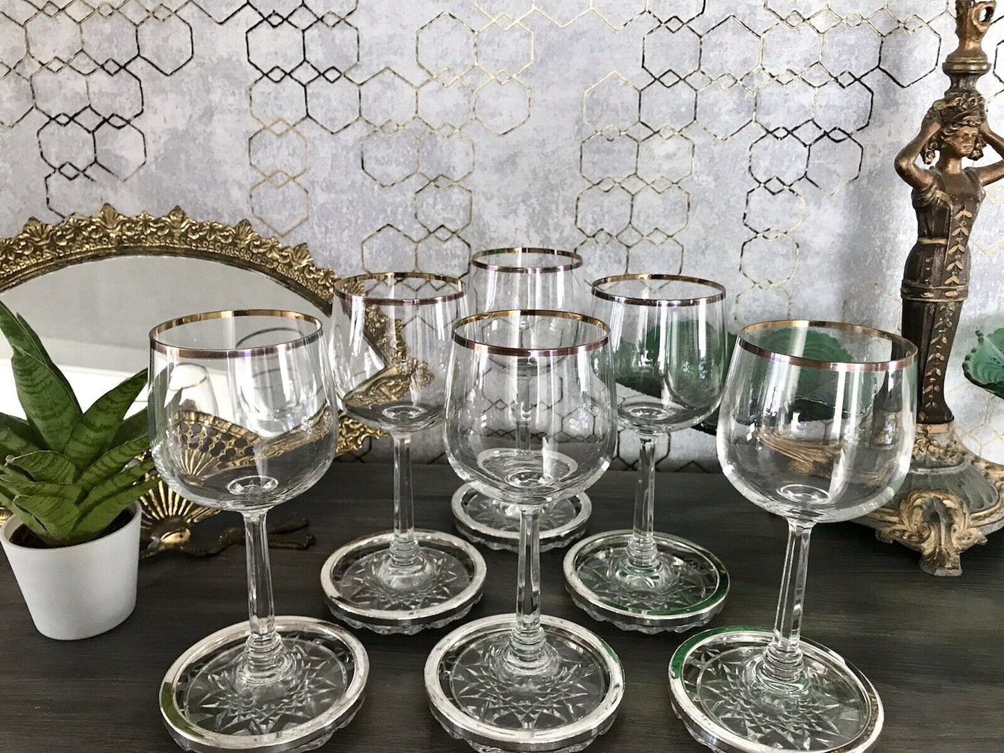 Vintage 6x Untersetzer für Weingläser Glas Kristallglas Bleikristall versilbert