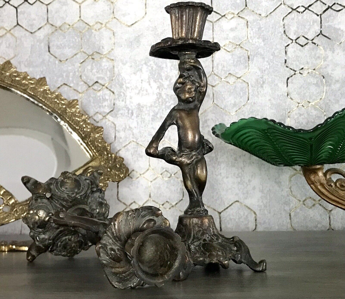 Antik 2 schöne Bronze? Kerzenständer Kerzenhalter Putti Leuchter Kerzenleuchter