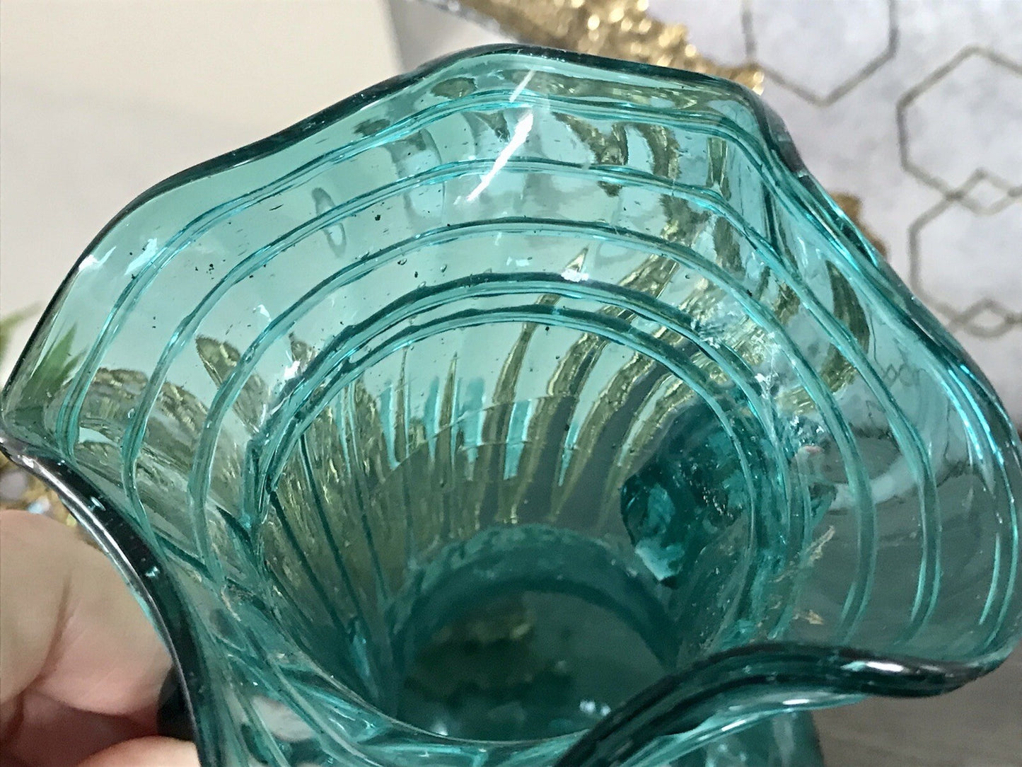 Antik Glasvase Vase Türkis Blau Glas Abriss Aufschmelzungen Murano?