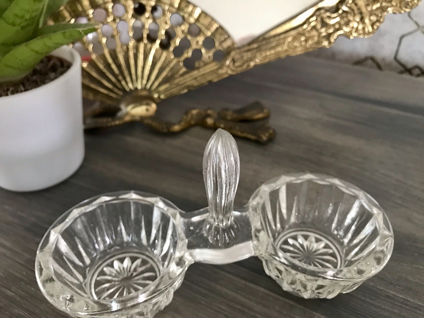 Antik Art Déco Pressglas Salz & Pfeffer Menage Saliere Gewürzständer Glas