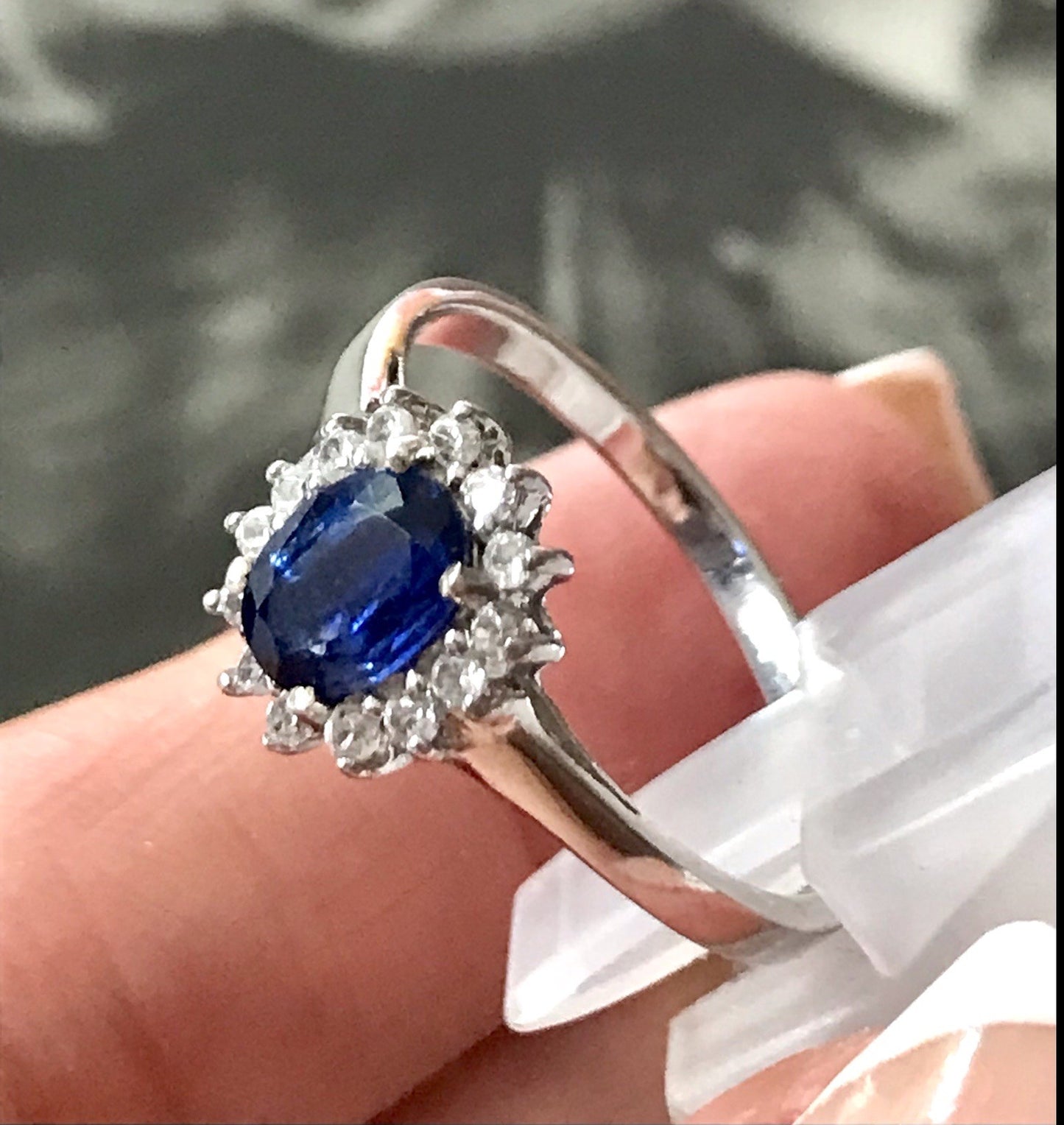 Vintage Entourage Halo Ring farblose Steine & Saphir Silber 925 ~Gr.62 63