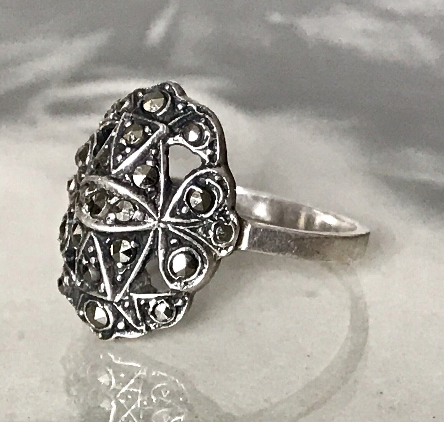 Antik Art Déco Edel Markasite DAMEN RING Silber 925 Gr.52 53 Schiffchen 1,68