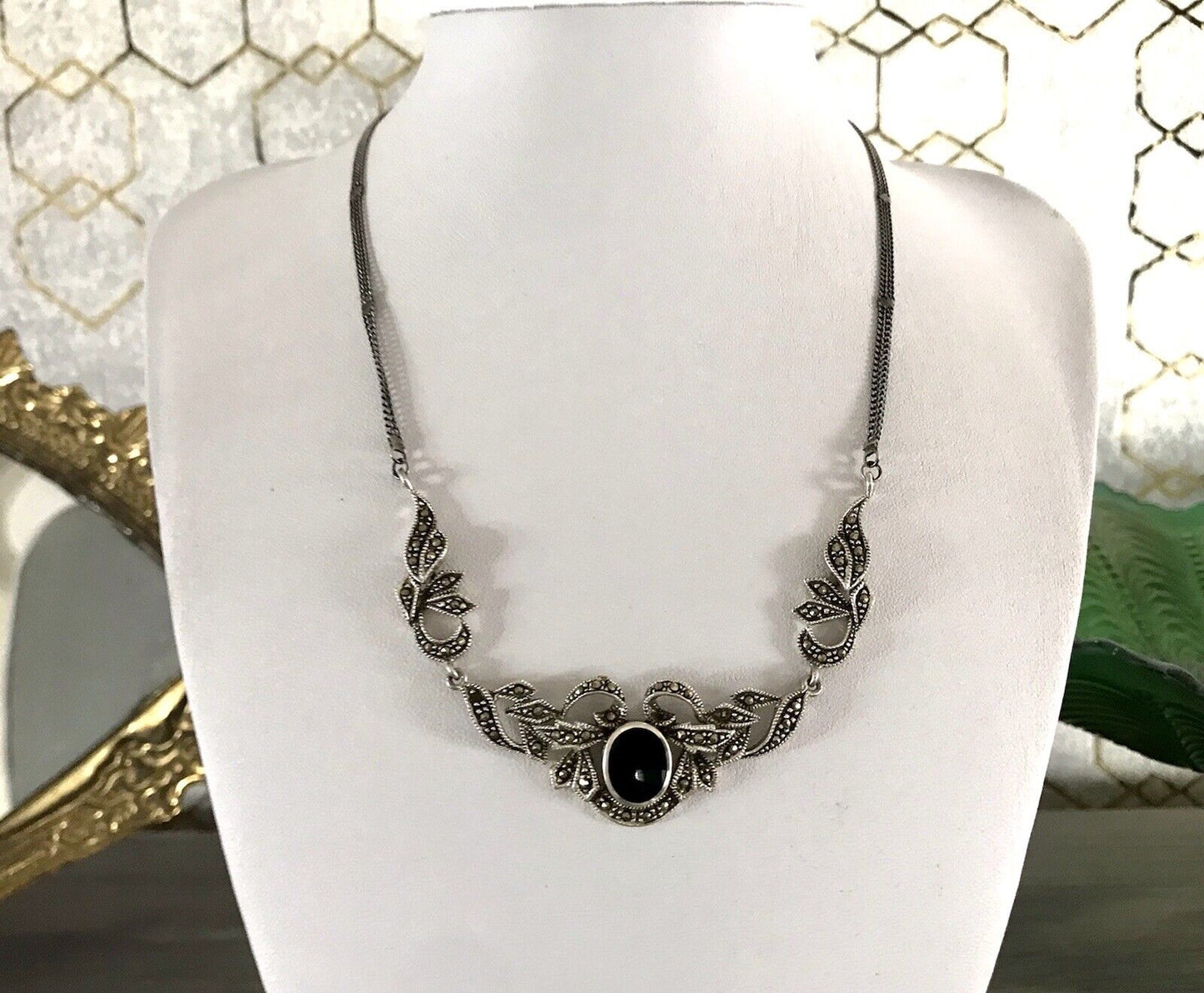 Antik Edel Jugendstil Art Déco 925 Silber Collier Halskette mit Onyx & Markasite